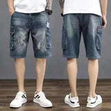 Vintage Multi-Pocket Denim Shorts for Men Summer Casual Baggy Trendy 5-Inch Knee-Length Cargo Pants