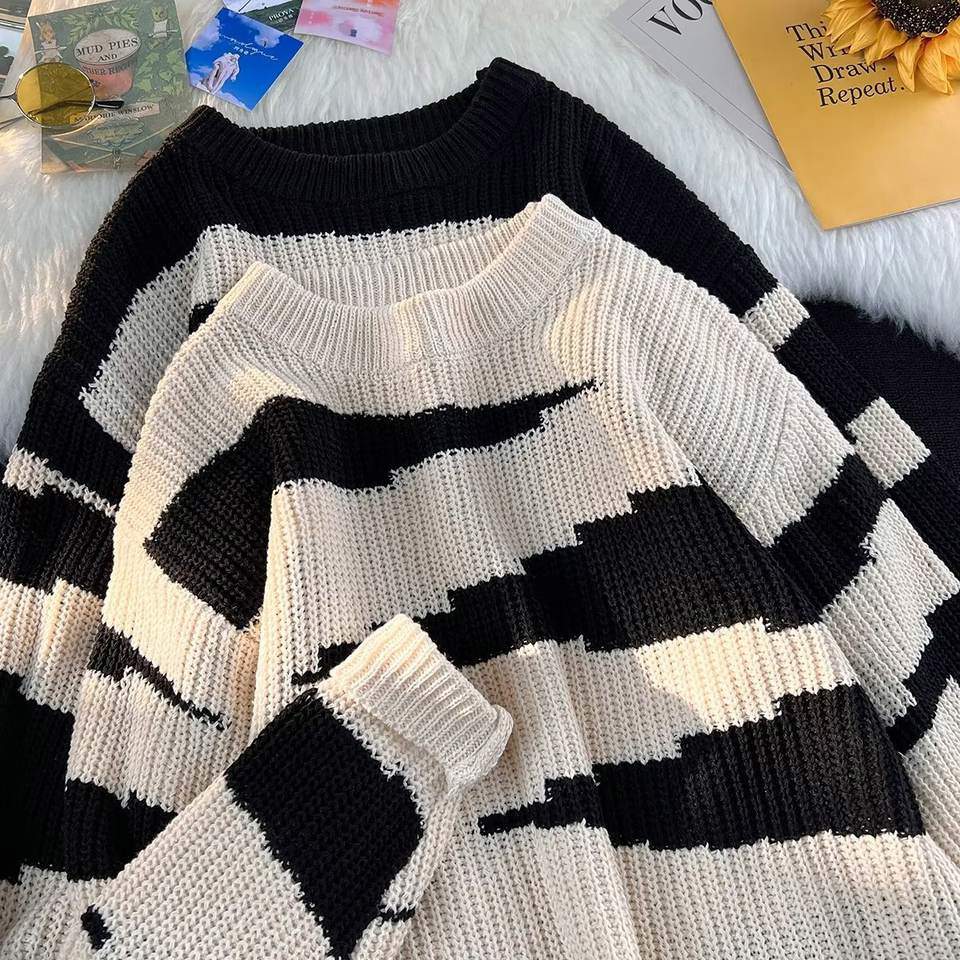 American Retro Streetwear Men Sweater Oversized Crewneck Knit Pullover Vintage Inspired Lazy Style Fall Clothing