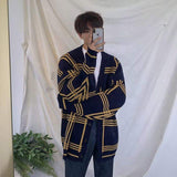 Plaid Men's Knit Bottom Cardigan V Neck Relaxed Fit Knitted Long Sleeve Fitting Sweater Casual Men Sweaters