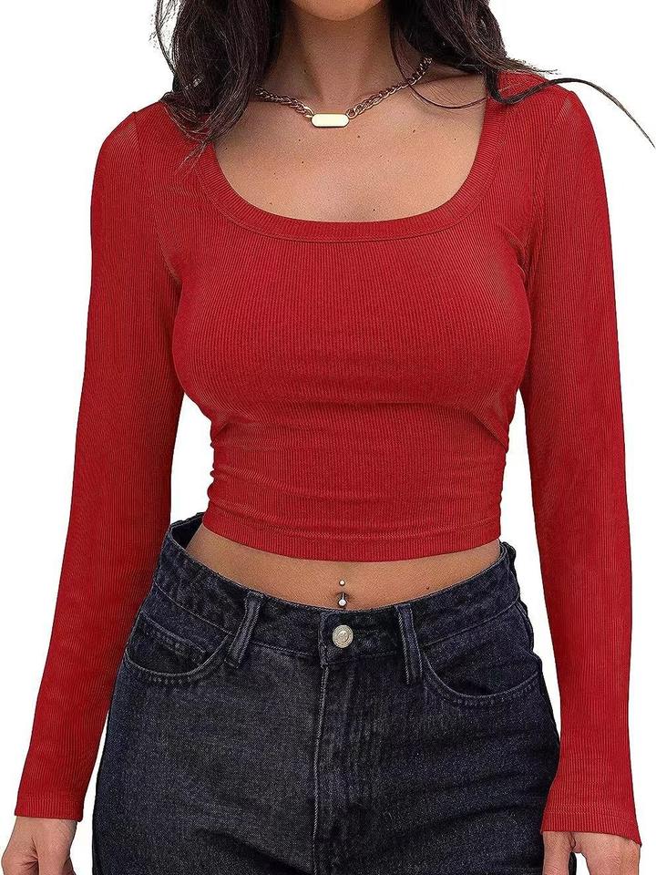 Ribbed Long-sleeved Top Square Collar Crop Top Slim-fit Long-sleeved T-shirts
