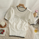 Bow Graphic Tee Knitting Tops for Women Crewneck Short-Sleeved Tee