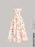 Vintage Floral Print Tie Strap Spaghetti Strap Swing Midi Sundress