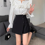 Women High Waist Button Irregular Skort Solid Suit Fabric Wrap Mini Skirt Office Elegant Ladies Short Skirts With Faux Pockets