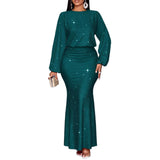 Glitter Long Sleeve Round Neck Mermaid Skirt Two Piece Set Women Elegant Banquet Evening Formal Maxi Dress