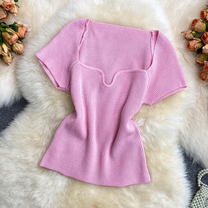 Summer Spice Girl Style Short T-Shirt Short-sleeved Design Sense Niche Square Collar-necked Wome's Knit Top