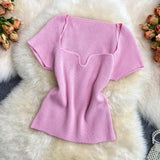 Summer Spice Girl Style Short T-Shirt Short-sleeved Design Sense Niche Square Collar-necked Wome's Knit Top