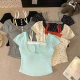 2026 Build in Bra Spice Faux Two-piece T-shirt Contrast Color Floral with Chest Pad Women's T-shirt Summer Slim-fit Short Top
