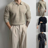 Men Waffle Knit Long Sleeve Polo Shirt Lapel Collar Button Placket Solid Slim Fit Business Casual Knitted Pullover