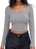 Ribbed Long-sleeved Top Square Collar Crop Top Slim-fit Long-sleeved T-shirts