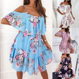Vintage Flower Print Cold Shoulder Flowy Dress Women Spaghetti Strap Ruffle Tiered Mini Sundress Summer Daily Casual Dress