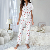 Cherry Print Button-Down Pajama Set with Lace Trim - Elegant V-Neck Nightgown with Elastic Waist