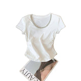 Women's Rhinestone Trim Crew Neck T-Shirt White Short Sleeve Ruched Slim Fit Casual Tops for Daily