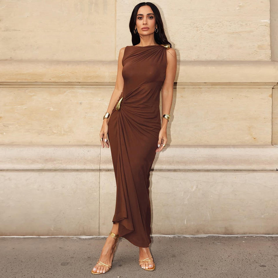 Metal Bar Decor Ruched Maxi Dress Women Solid Orange Bodycon Side Slit Elegant Cocktail Evening Party Gown