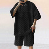 2025 Men's Summer New Jacquard Plaid Short-sleeved T-shirt Loose Large Size Straight Casual Shorts Set