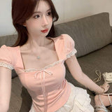 Women's Pink Lace Trim Square Neck Puff Sleeve T-Shirt Slim Fit Sweet Casual Tops for Party