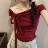2026 Pure Desire Off-shoulder Design Sense Women's Short Sleeve T-shirt Summer New Slim Lace-up Asymmetrical Top
