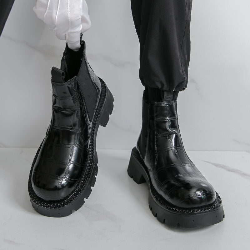 Brown Black Plaid Durable Pointed Toe Ankle Height Comfortable Chelsea PU Leather Boots Classic Men Dress Shoes