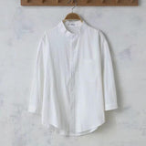 Men's Linen Three-Quarter Sleeve Shirts Solid Color Crew Neck Korean Style Trendy Casual Blouses