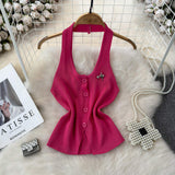 Halter Neck Star Rhinestone Button Knit Tank Top Women Sleeveless Slim Cropped Vest