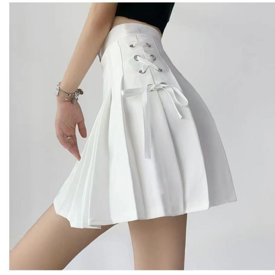 Women Side Lace up Pleated Mini Skirt Pink High Waist a Line Preppy School Uniform Skirt Girls Kawaii Pleated Short Skorts