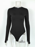 Women Crew Neck Long Sleeve Bodysuit Thumb Hole Slim Fit Basic Bodycon Top Ladies Stretchy Layering Bodysuit