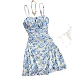 Women Spaghetti Strap Blue Floral Print Mini Dress Ruched Waist Slim Fit A Line Casual Summer Beach Dress