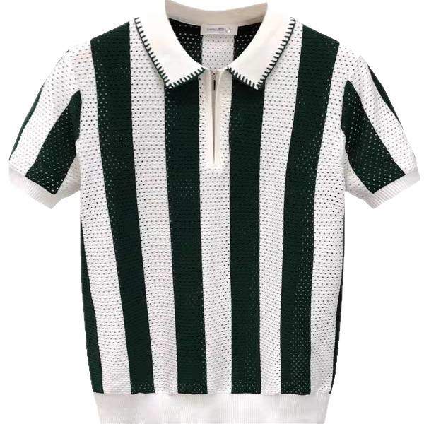 Men Hollow Out Vertical Stripe Knit Half Zip Collar Short Sleeve Breathable Mesh Knitted T Shirt for Summer Casual Business