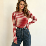 Contrast Color Striped Women's Long-sleeved T-shirt 2025 Autumn New Casual Slimming Short Top