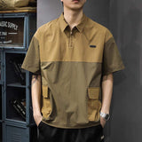 Men Color Block Cargo Pocket Polo Shirt Half Zip Collar Short Sleeve Loose Casual Workwear T Shirt