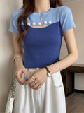 Color Contrast Graphic Tee Fashionable Women's Clothing Hollow Out Short-sleeved Blouse