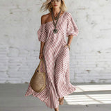 Women Striped Maxi Dress One Off Shoulder Puff Short Sleeve Loose Fit Pocket Flowy Hem Beach Vacation Long Dress
