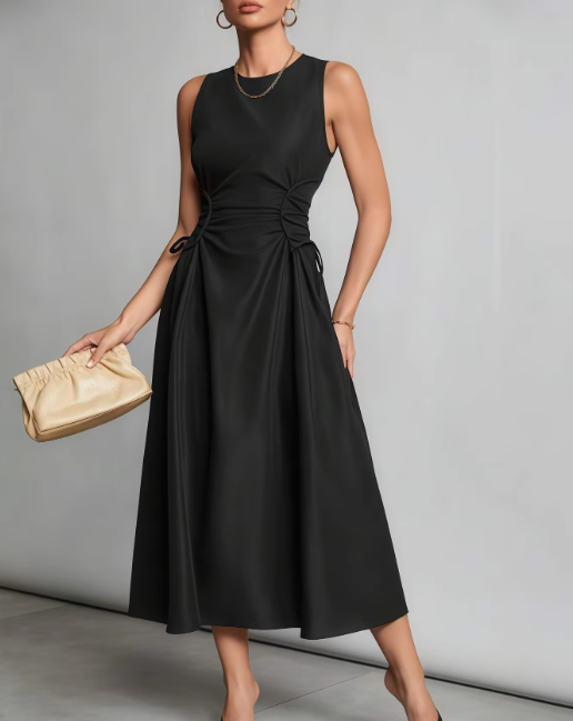Women Sleeveless Round Neck Satin Midi Dress Side Drawstring Ruched Waist Elegant Party Wedding Guest Dress