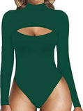 Women Mock Neck Front Cut Out Bodysuit Long Sleeve Solid Stretch Ribbed Body Shaper Fitting Casual Basic Tight Tops