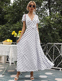 V Neck Short Sleeve Red White Polka Dot Wrap Maxi Dress Women Waist Tie High Slit Summer Beach Resort Vacation Sundress