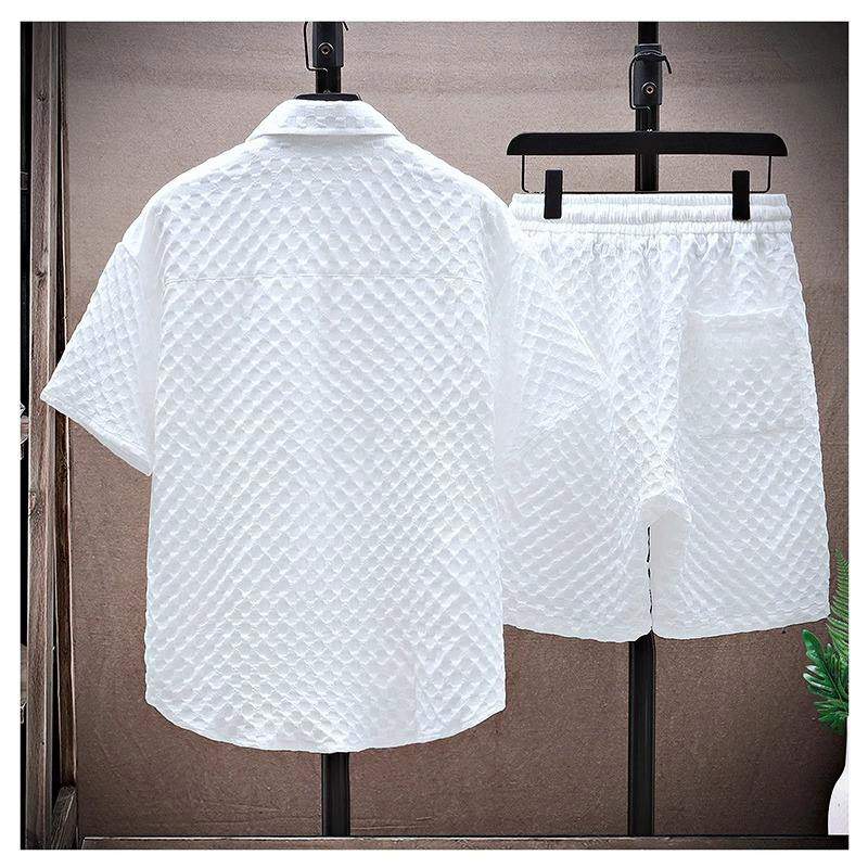 Men's Summer Casual 2 Piece Set Stylish Short Sleeve Plaid Shirt & Shorts Lightweight Sporty Outfit