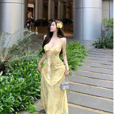 Women Yellow Floral Print Ruffle Spaghetti Strap Maxi Dress Deep V Neck Front Tie Flowy Chiffon Long Dress