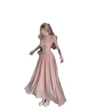 Elegant Women Pink Ruffle Square Neck Maxi Dress Flutter Cap Sleeve Corset Waist Pleated Flowy Long Dress
