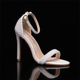 Ladies White Pearl Upper Decorated Stiletto Heeled Sandals Open Toe Ankle Buckle Strap for Evening Prom Events