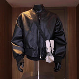 Men Brown Faux Leather Bomber Jacket Stand Collar Geometric Stitching Cropped Motorcycle Streetwear Outerwear
