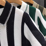 Men Hollow Out Vertical Stripe Knit Half Zip Collar Short Sleeve Breathable Mesh Knitted T Shirt for Summer Casual Business