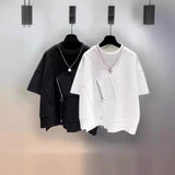 2026 Summer Deconstructed Streetwear T-shirt Men Oversized Zipper Pocket Asymmetrical Hem Casual Hip Hop Tee