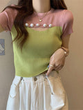 Color Contrast Graphic Tee Fashionable Women's Clothing Hollow Out Short-sleeved Blouse