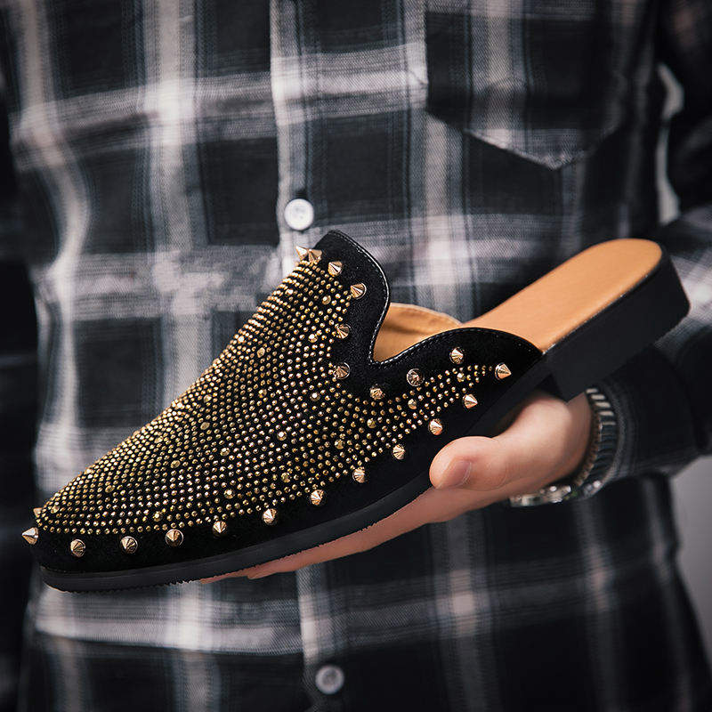 Half Casual Designers Men Slide Slippers Dress Shoes Quality Rivet Upper Mules for Men