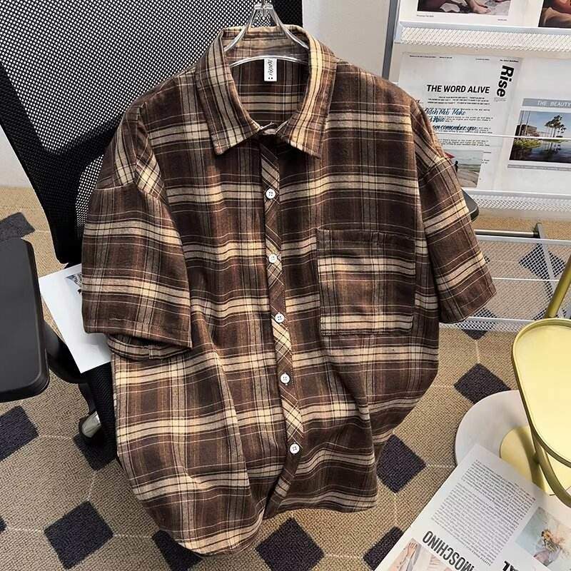 Men's Casual Retro Plaid Short Sleeve T-Shirt with Loose Fit, Breathable Lightweight Top