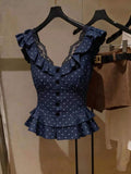 Women French Polka Dot Tank Top V-Neck Lace Ruffle Sleeveless Top Slim Blue Inner Shirt for Summer