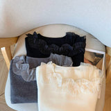 2026 New Arrival Women's Asymmetrical Off-Shoulder Knit Top with Tulle Ruffle Trim & Sheer Mesh Panel for Sweet Daily Wear