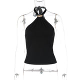 Minimalist Women Metal Ring Halter Crop Top Solid Black Sleeveless Fitted Tank Top Streetwear Daily Camisole