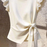 Summer New Arrival Women French Elegant Designer Crew Neck Tie Waist Irregular Flutter Sleeve T-Shirt Chic Lady Casual Tops