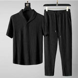 Summer Men 2 Piece Suits Short Sleeve Tops + Long Pants Solid Color Elastic Waist Trousers Tracksuit