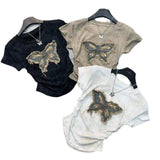 New Design Summer Short-sleeved T-shirt Women's Butterfly Embroidered Denim Pic Design Unique Tops for Women